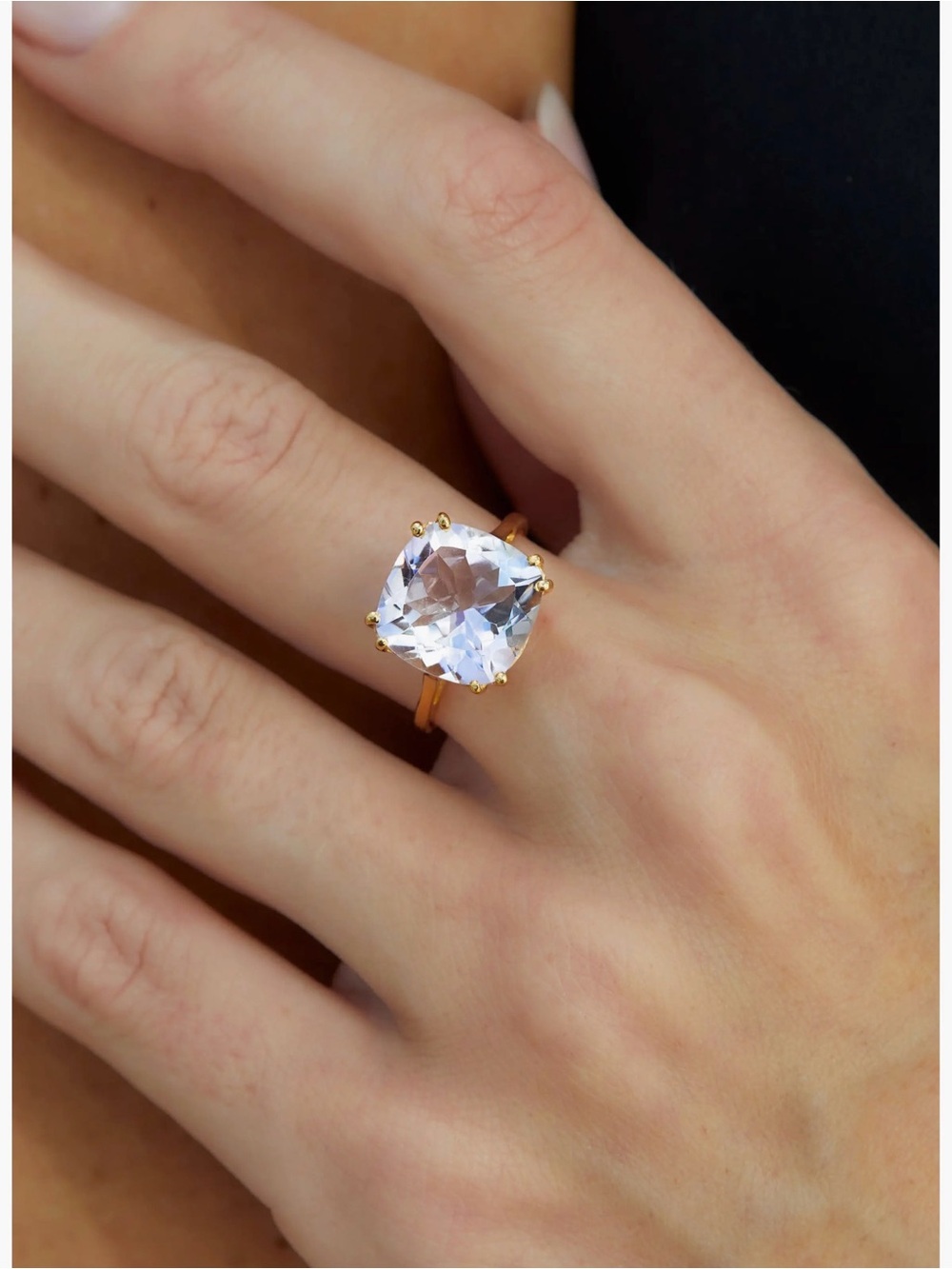 Savvy Cie Gold Ring with Clear White Cushion Gemstone